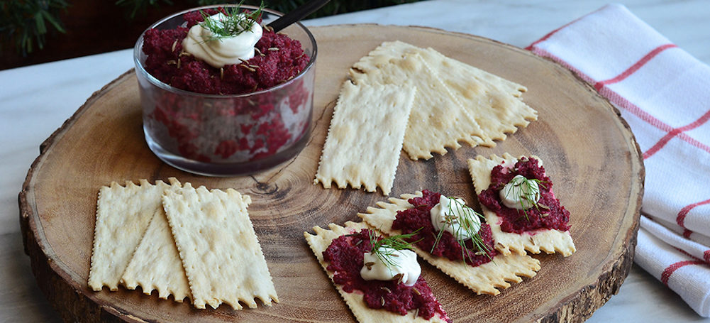 Roasted Beet And Walnut Dip with La Panzanella Croccantini crackers