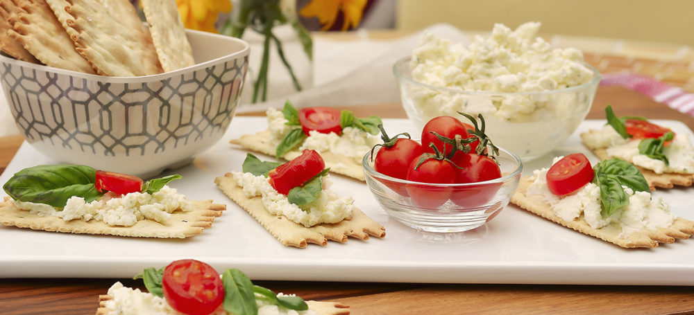 Croccantini With Basil, Tomato, And Herbed Cheese Spread with La Panzanella Croccantini crackers